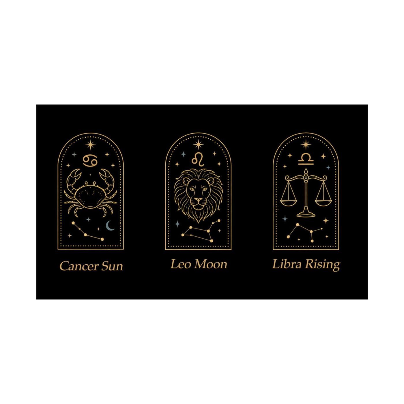 Custom Big Three art print with three gold arches labeled Cancer Sun, Leo Moon, Libra Rising
