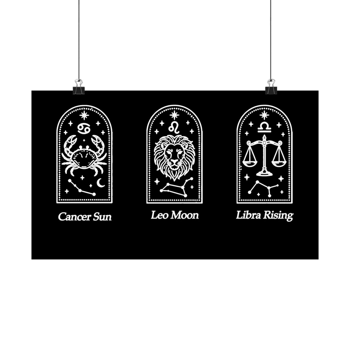 Panoramic black art print with three white line-art arches labeled Cancer Sun, Leo Moon, and Libra Rising