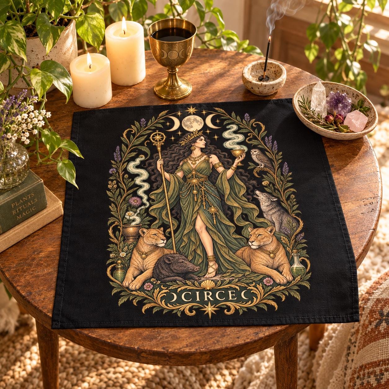 Square black altar cloth printed with Circe holding a staff and cup, flanked by lions, in a botanical border