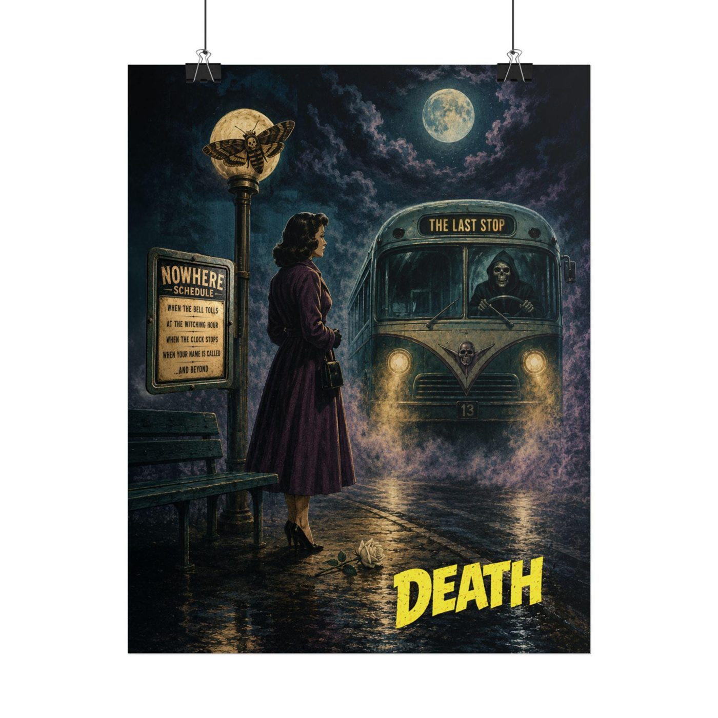 Poster of a rainy midnight bus stop where a woman waits as a spectral bus marked The Last Stop approaches