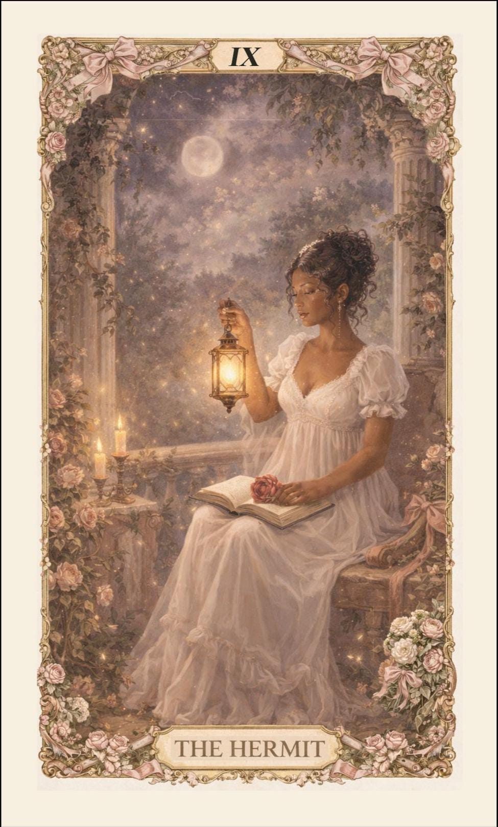 Rose and gold portraits: example custom tarot card from the live Etsy listing
