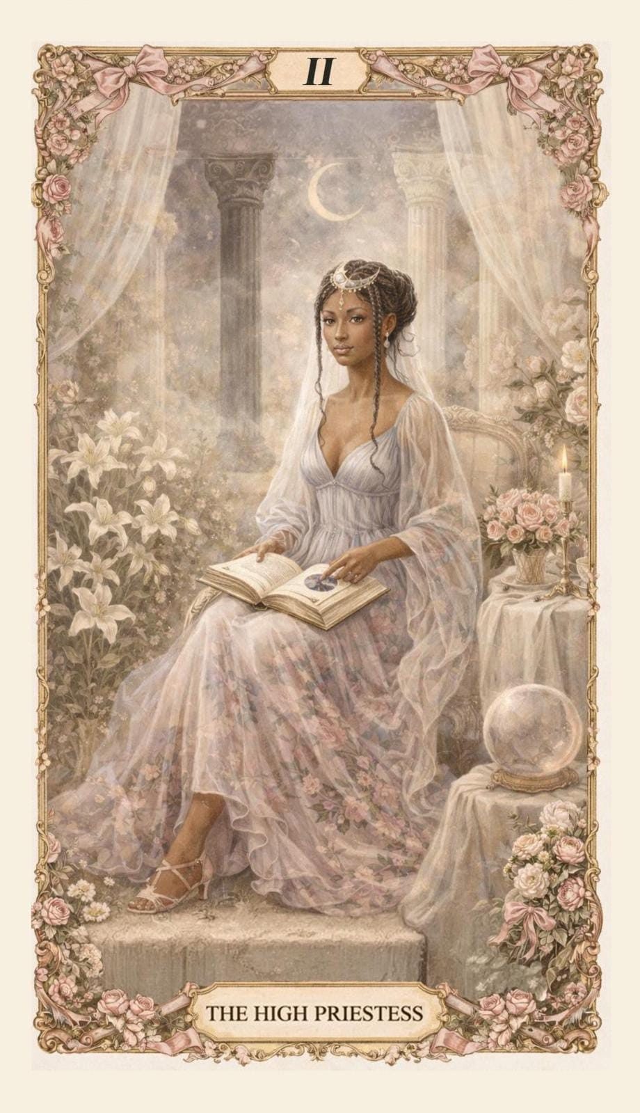 Example custom tarot card, The High Priestess, in a rose and gold painterly style