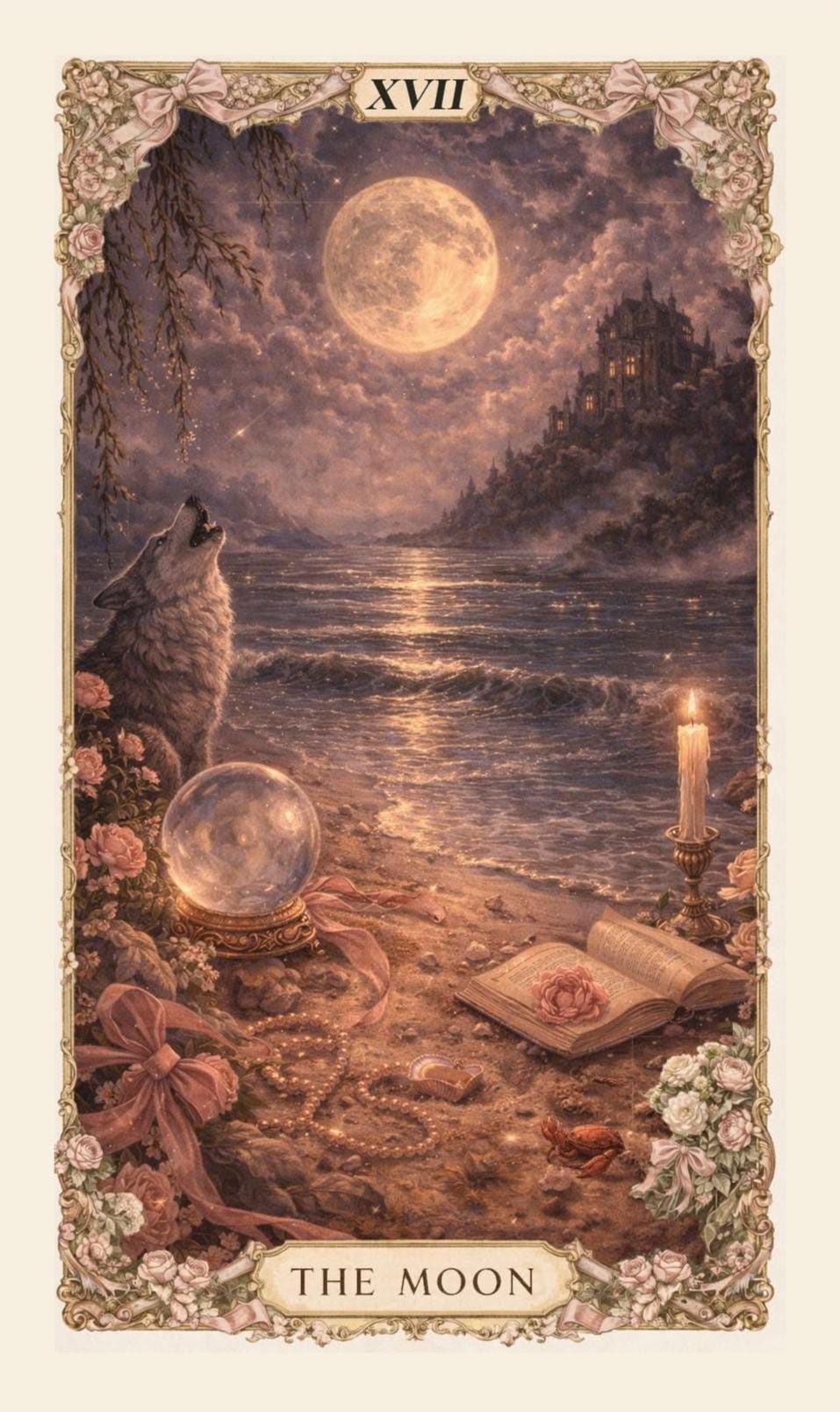 Custom tarot card example: The Moon in a rose and gold painterly style, from the live Etsy listing