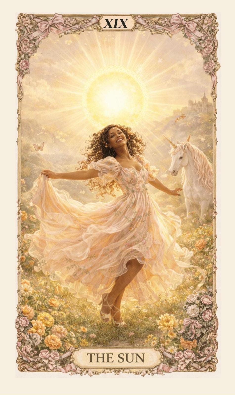 Rose and gold portraits: example custom tarot card from the live Etsy listing