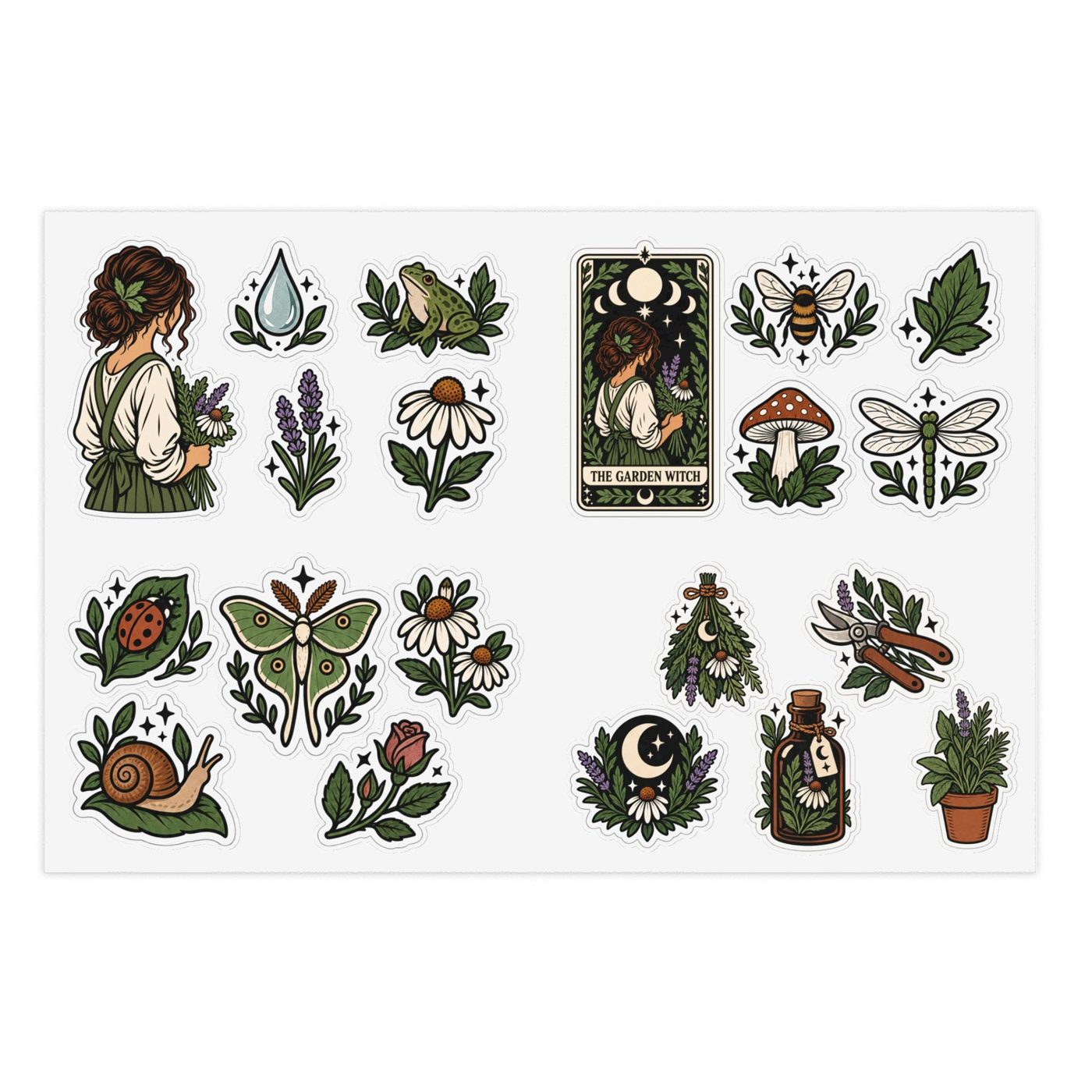 Botanical sticker sheet with a garden witch, herbs, mushrooms, bees, a snail, and a luna moth in earthy greens