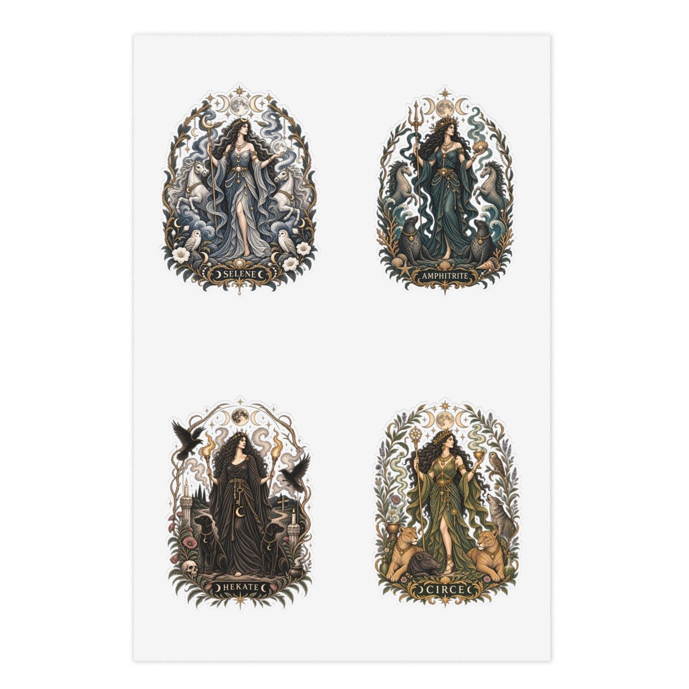 Transparent vinyl sticker sheet with four illustrated Greek goddesses: Hekate, Selene, Circe, and Amphitrite
