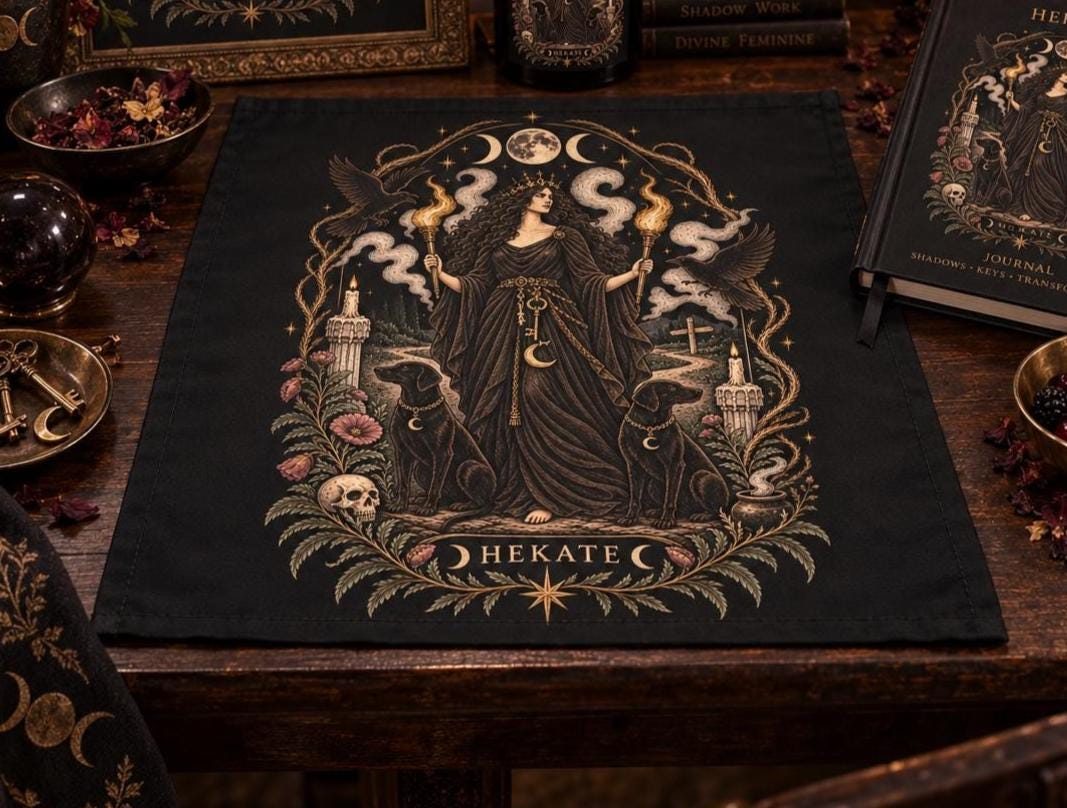 Hekate altar cloth on a dark wooden altar with tarot cards, a journal, and candles