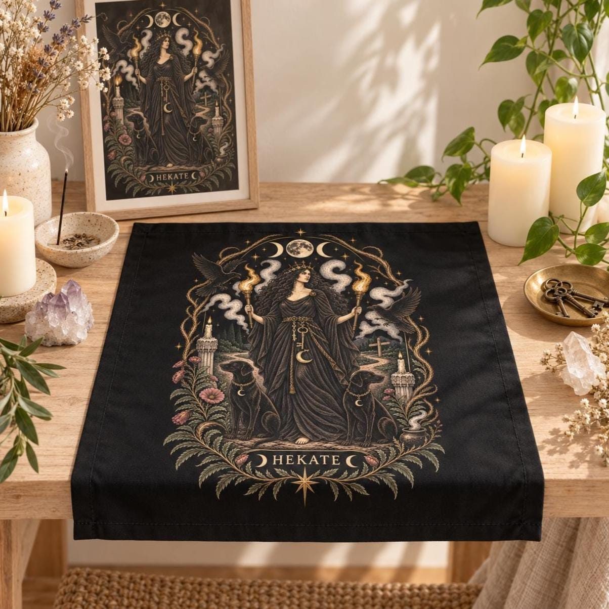Black cotton altar cloth printed with Hekate holding two torches between her hounds, laid on a wooden table with candles