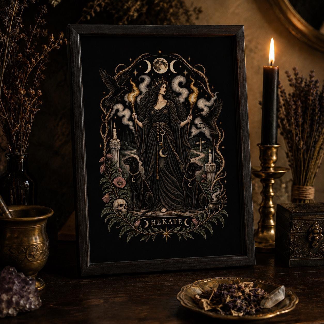 Framed Hekate art print on a dark dresser with candles and dried flowers