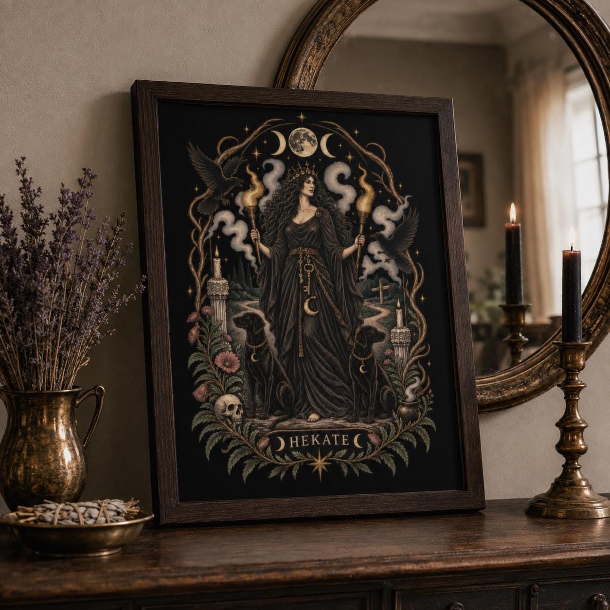 Framed vintage-style art print of Hekate in triple form with torches, keys, and hounds, standing on a dark wooden dresser