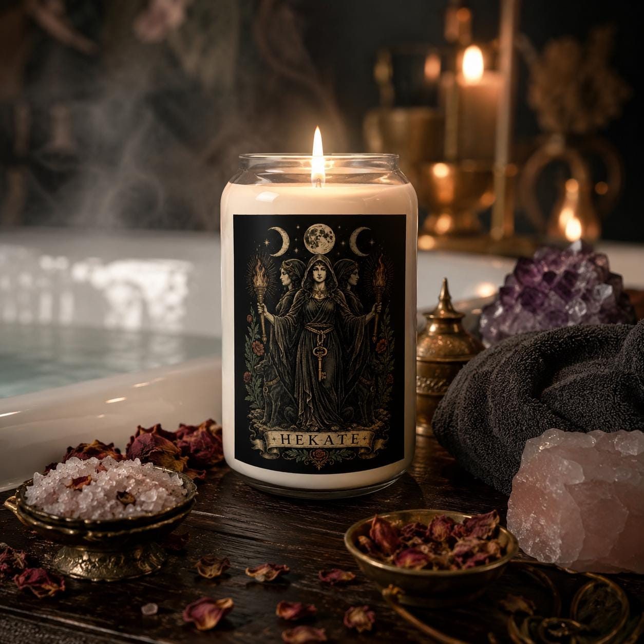 Lit soy jar candle with a Hekate art label, beside crystals and dried roses