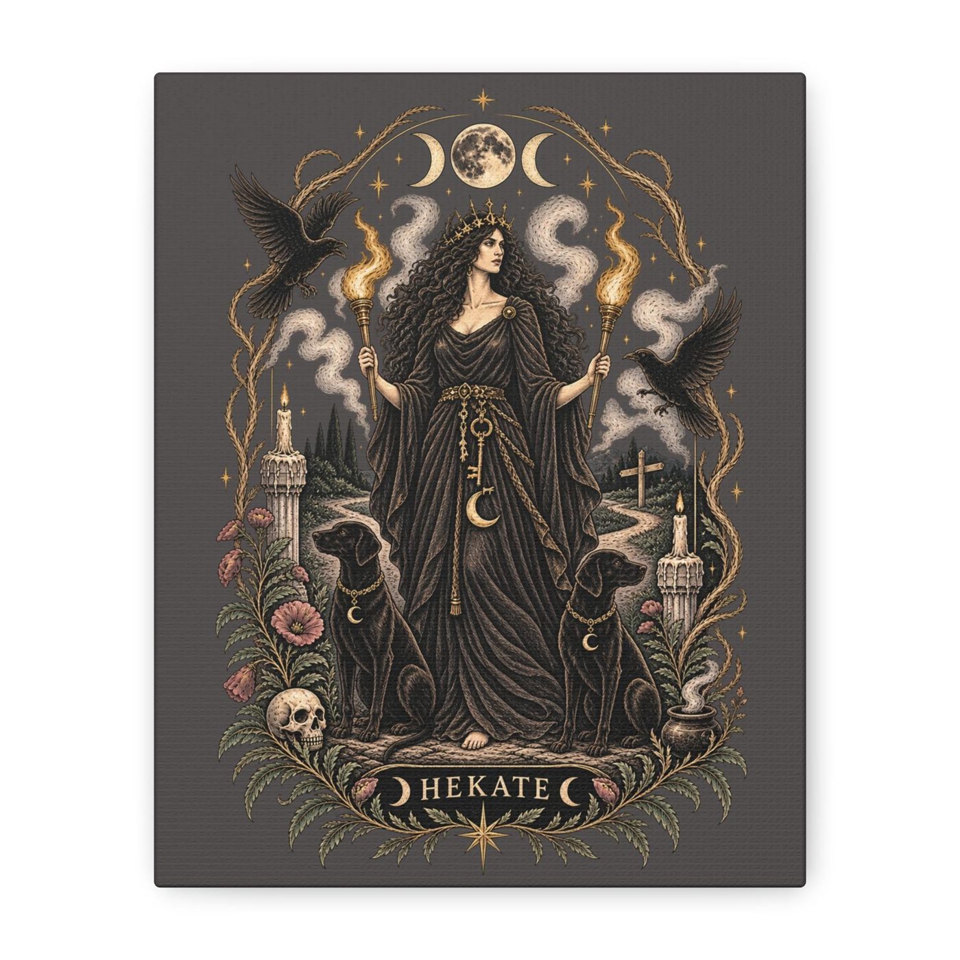 Stretched canvas print of Hekate with torches and hounds on a charcoal background