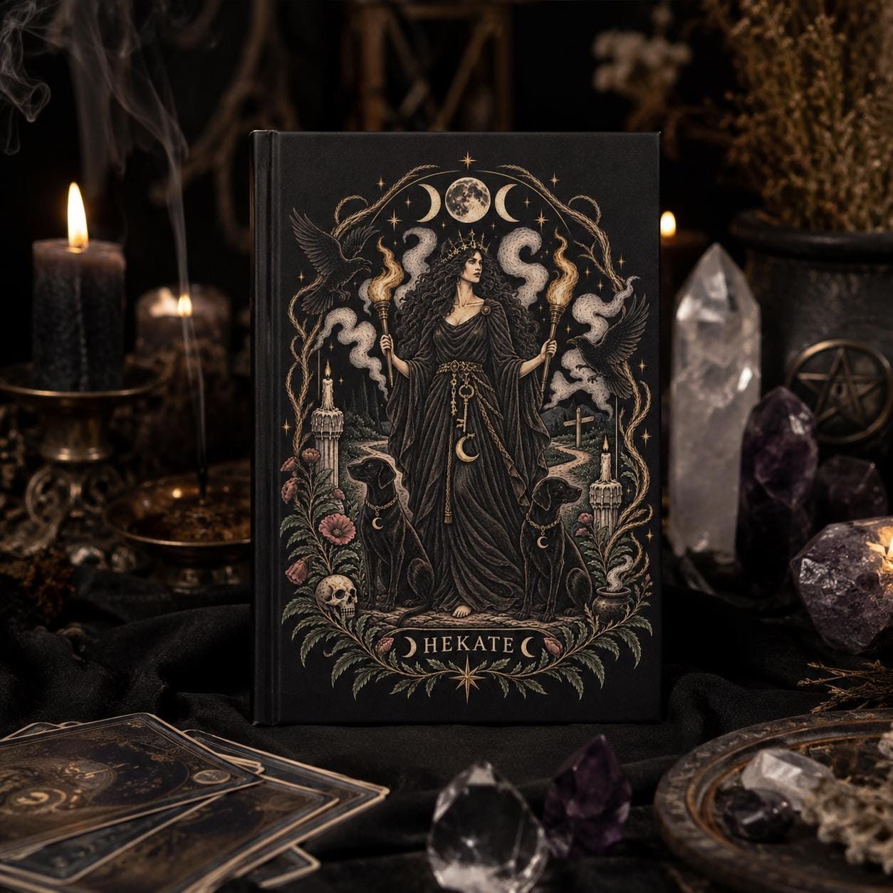 Black hardcover journal with Hekate under the moon phases, surrounded by torchlight, ravens, and mist