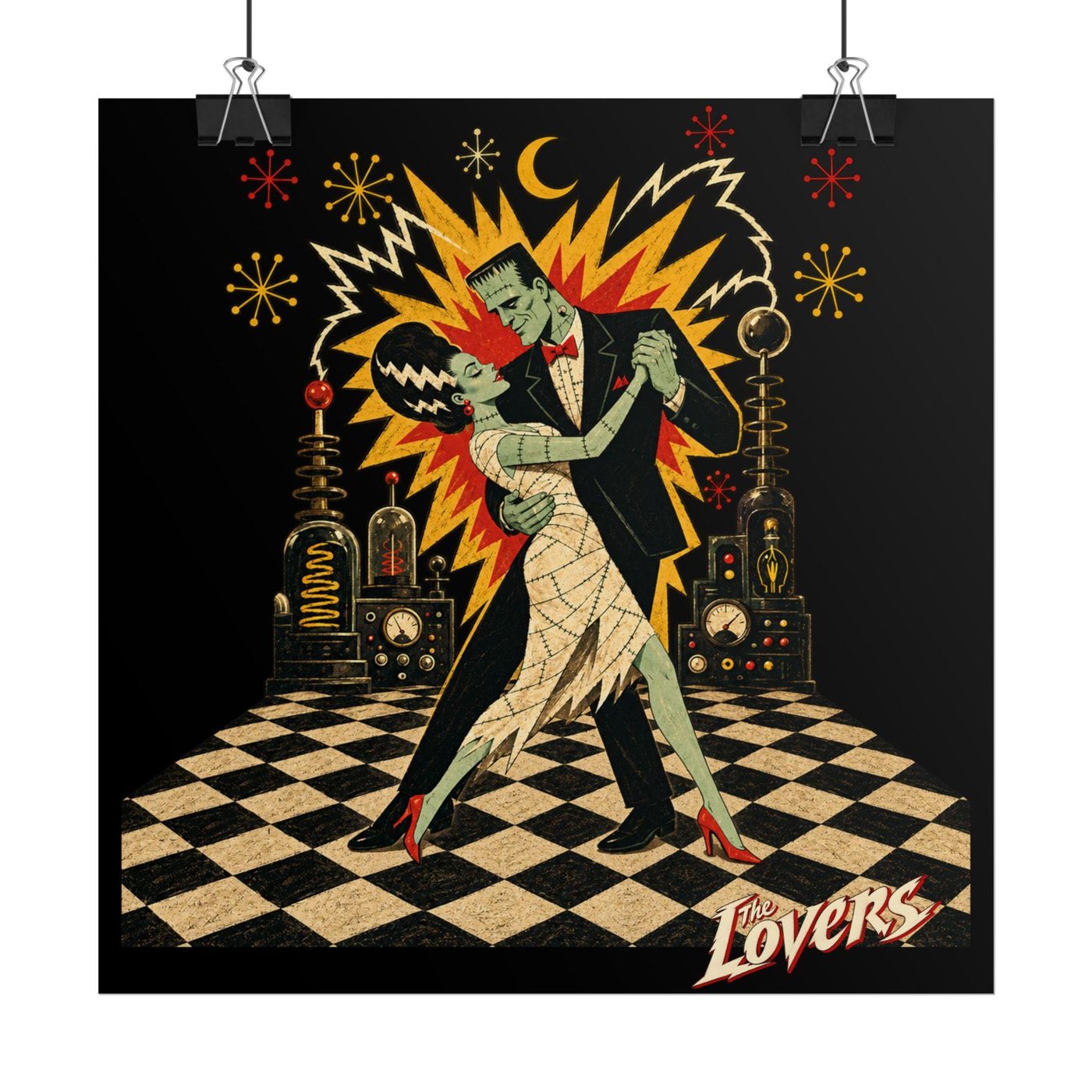 Square poster of Frankenstein's monster and his Bride dancing a tango in a laboratory, titled The Lovers
