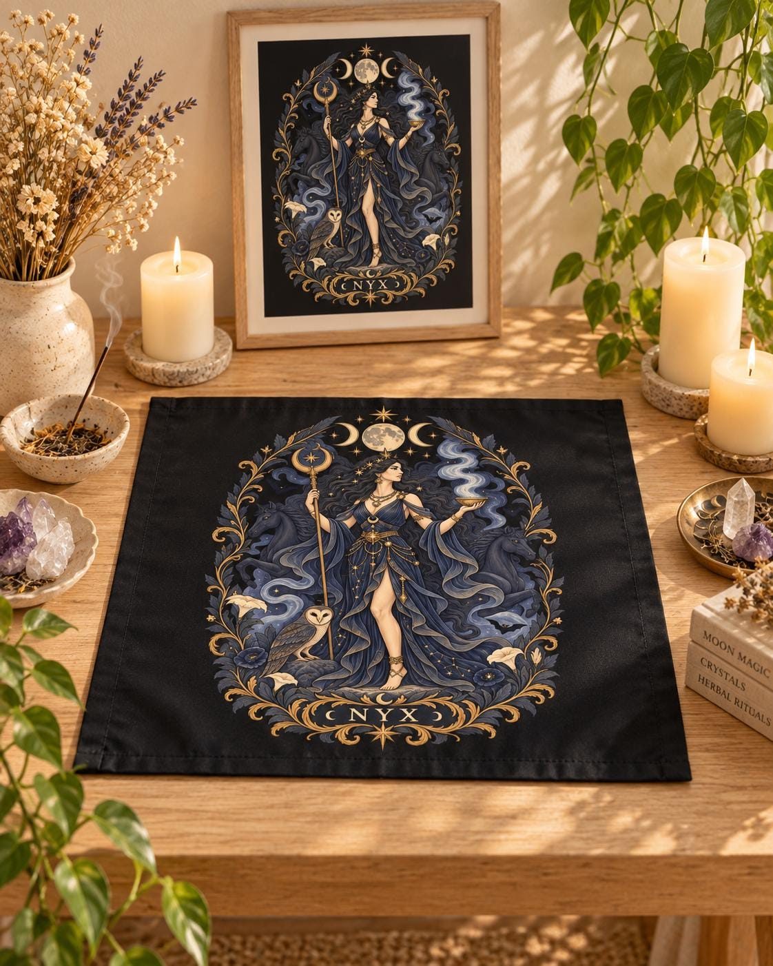 Nyx altar cloth in midnight black and antique gold on a wooden altar with candles, crystals, and a framed print
