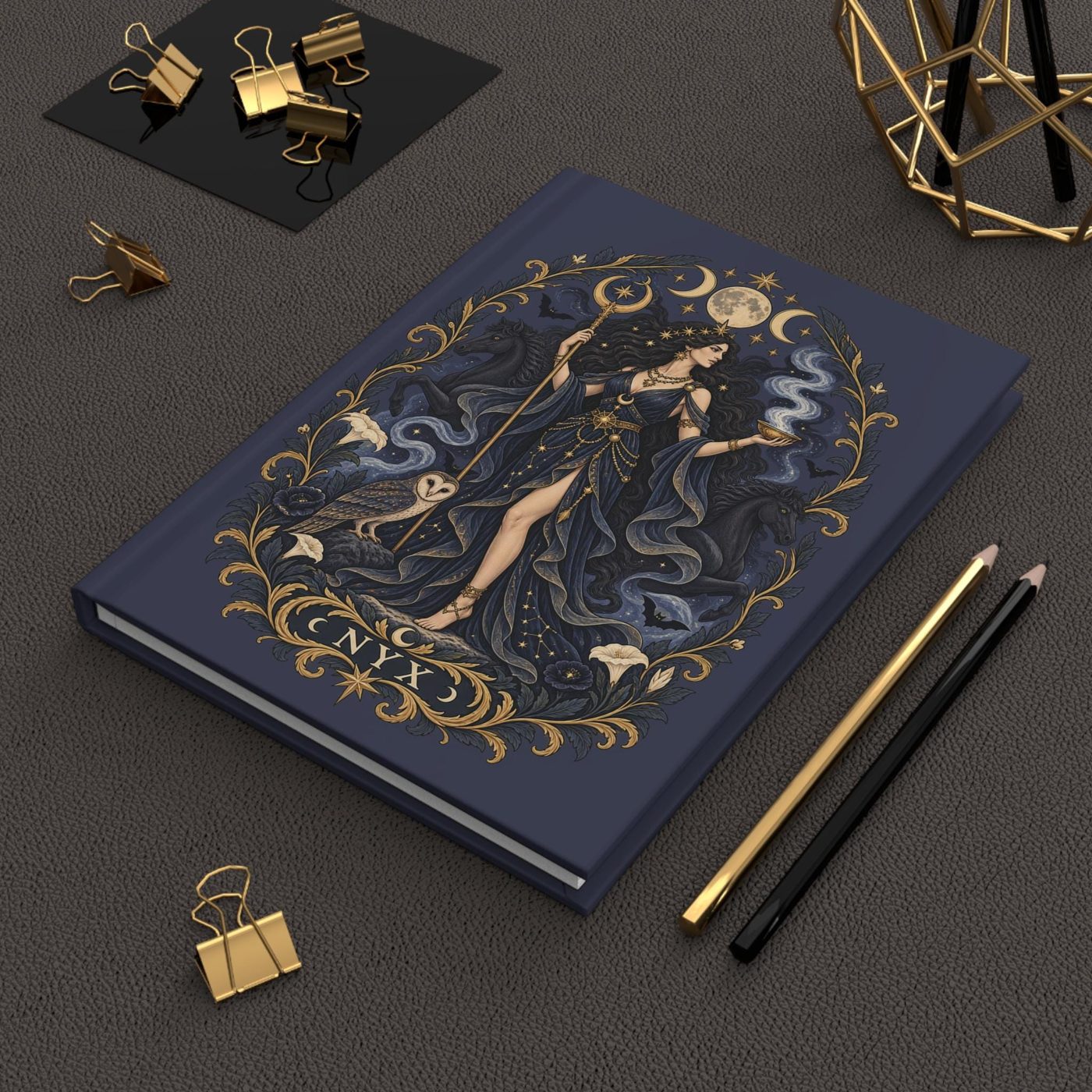 Hardcover journal with Nyx robed in starlight under a midnight sky, wrapped in gold filigree