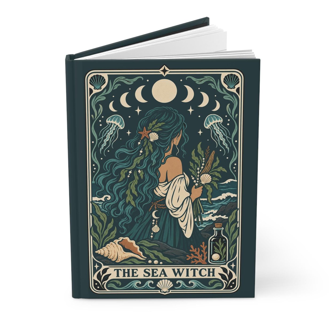 Hardcover journal with a sea witch beneath the moon phases, surrounded by jellyfish, waves, and shells in deep teal