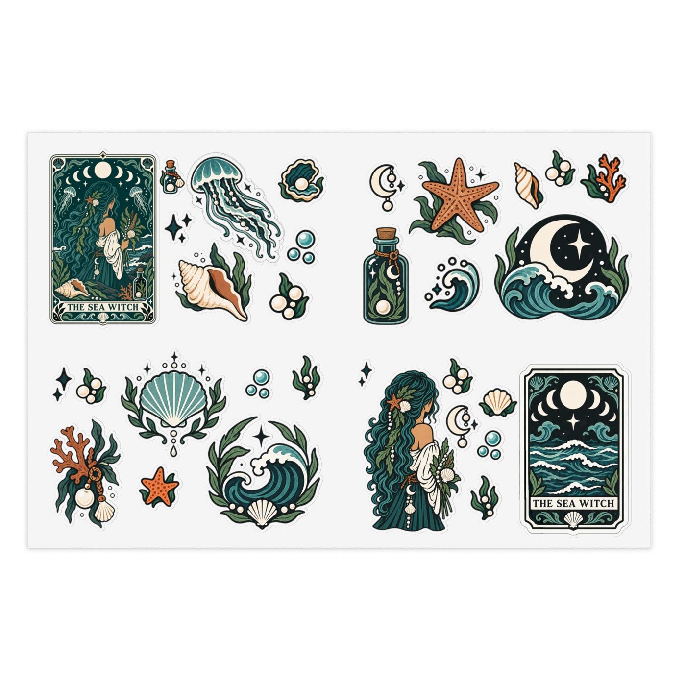 Transparent sticker sheet with eleven sea witch designs: portraits, tarot cards, waves, a jellyfish, shells, and a potion bottle