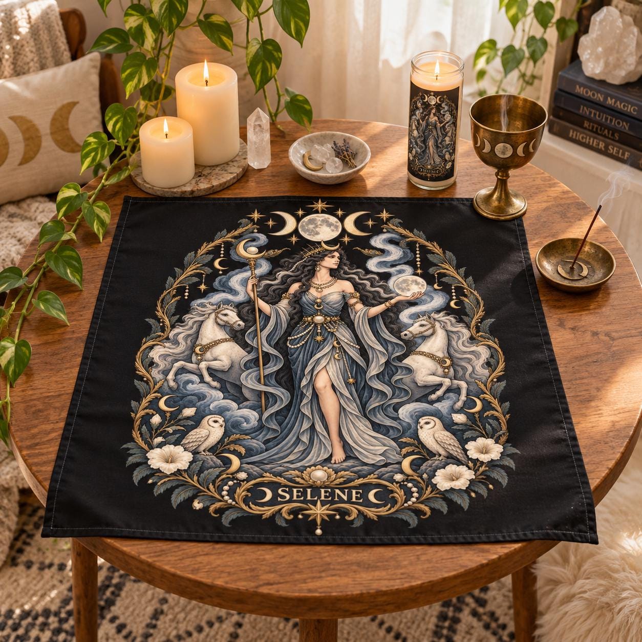 Square black altar cloth printed with Selene holding a moon, with white horses and owls in a silver and gold border