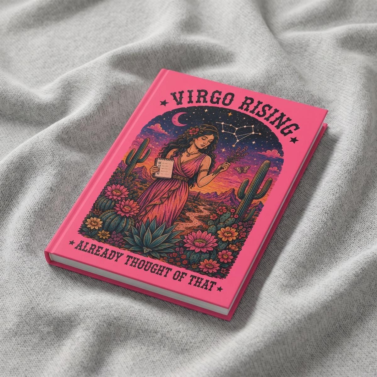 Hardcover journal with a serene Virgo goddess holding a checklist and lavender under her constellation