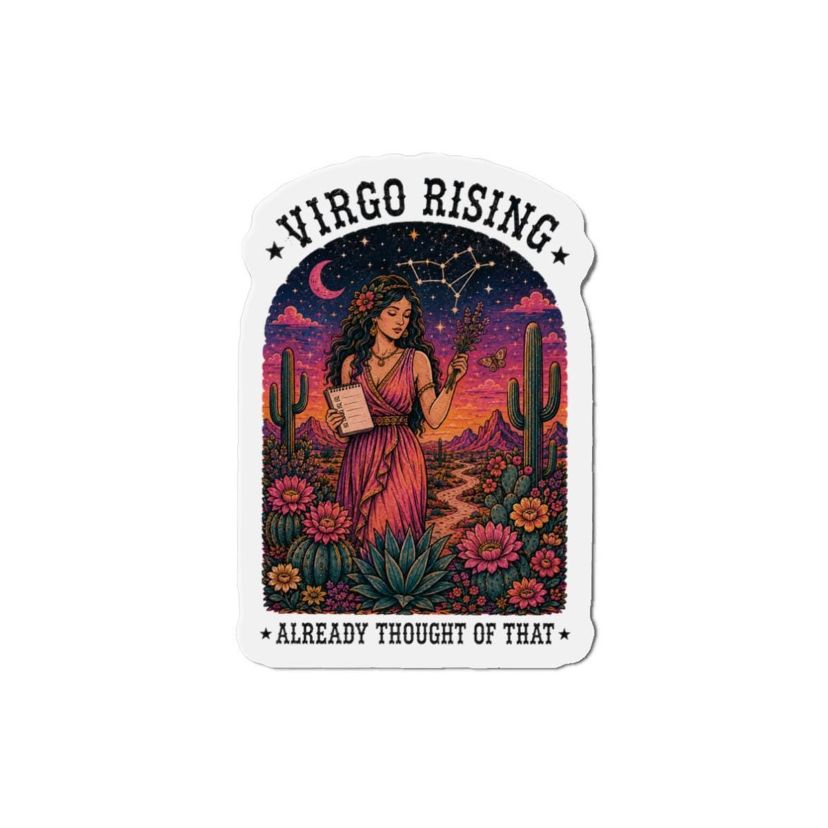 Three-inch die-cut magnet with a Virgo goddess, constellation, and desert flowers in pink, green, and indigo