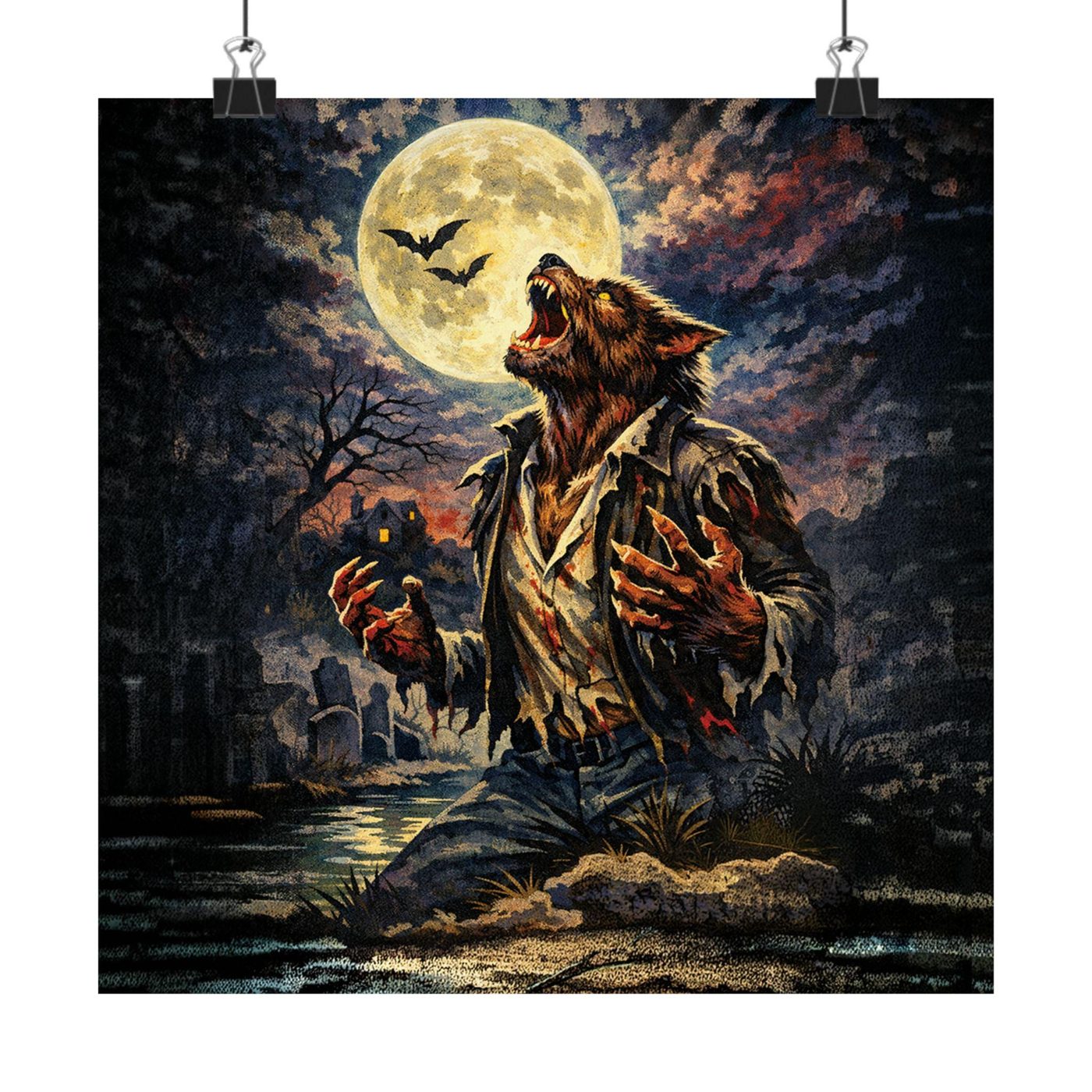Vintage-style poster of a werewolf howling beneath a full moon with bats, a house on a hill, and a graveyard