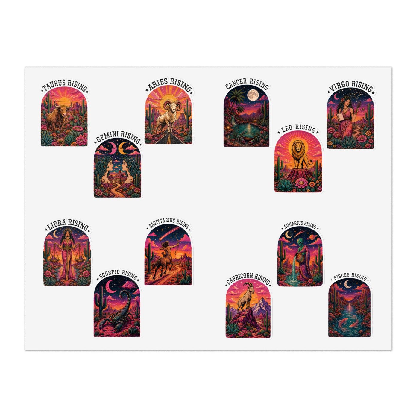 Sticker sheet with twelve colorful desert-style zodiac rising sign arches