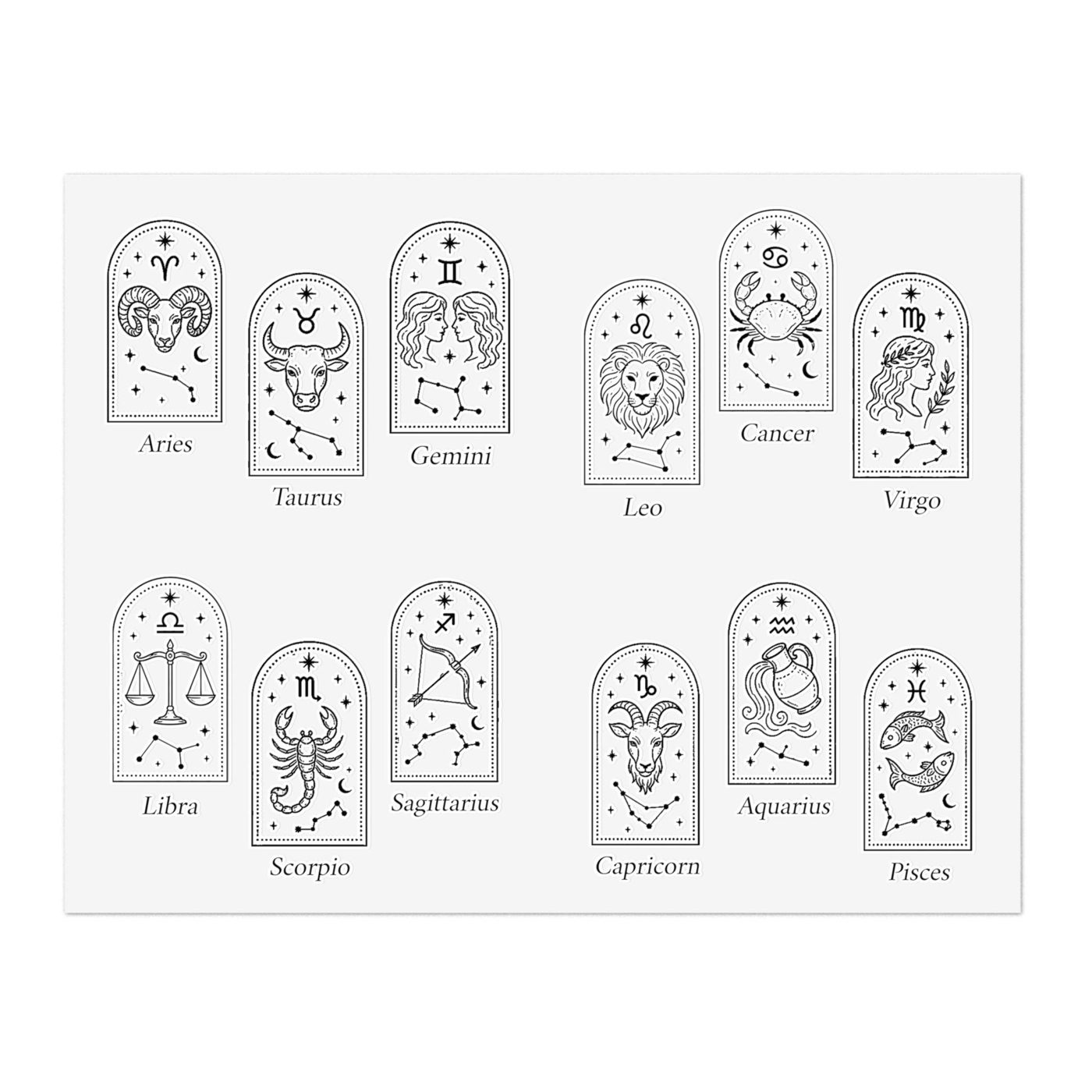 Sticker sheet with twelve minimalist zodiac arches, each with a symbol, constellation, and figure in black linework